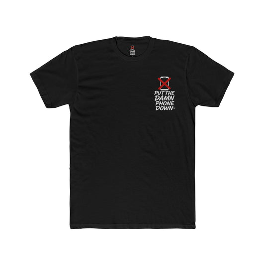 Black t-shirt with a graphic design and text on a white background