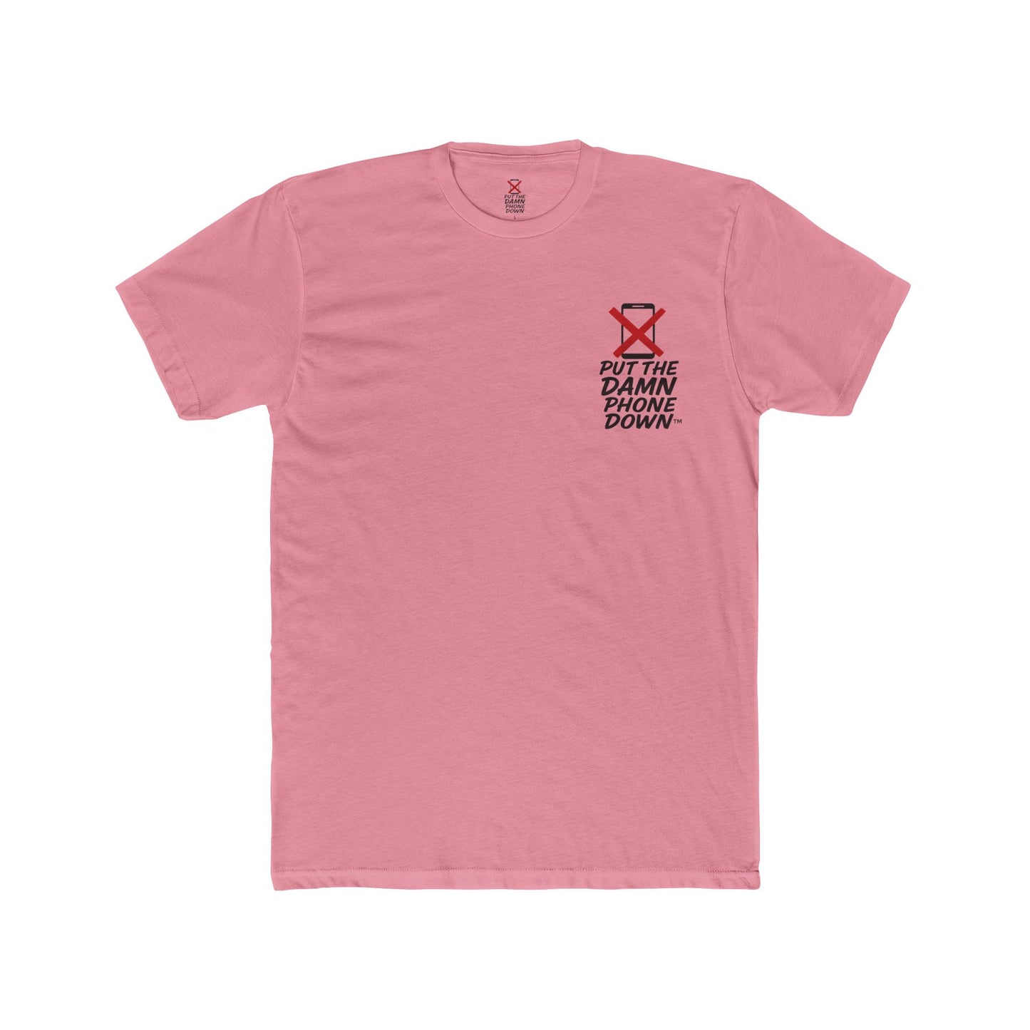 Pink t-shirt with a graphic and text on a white background