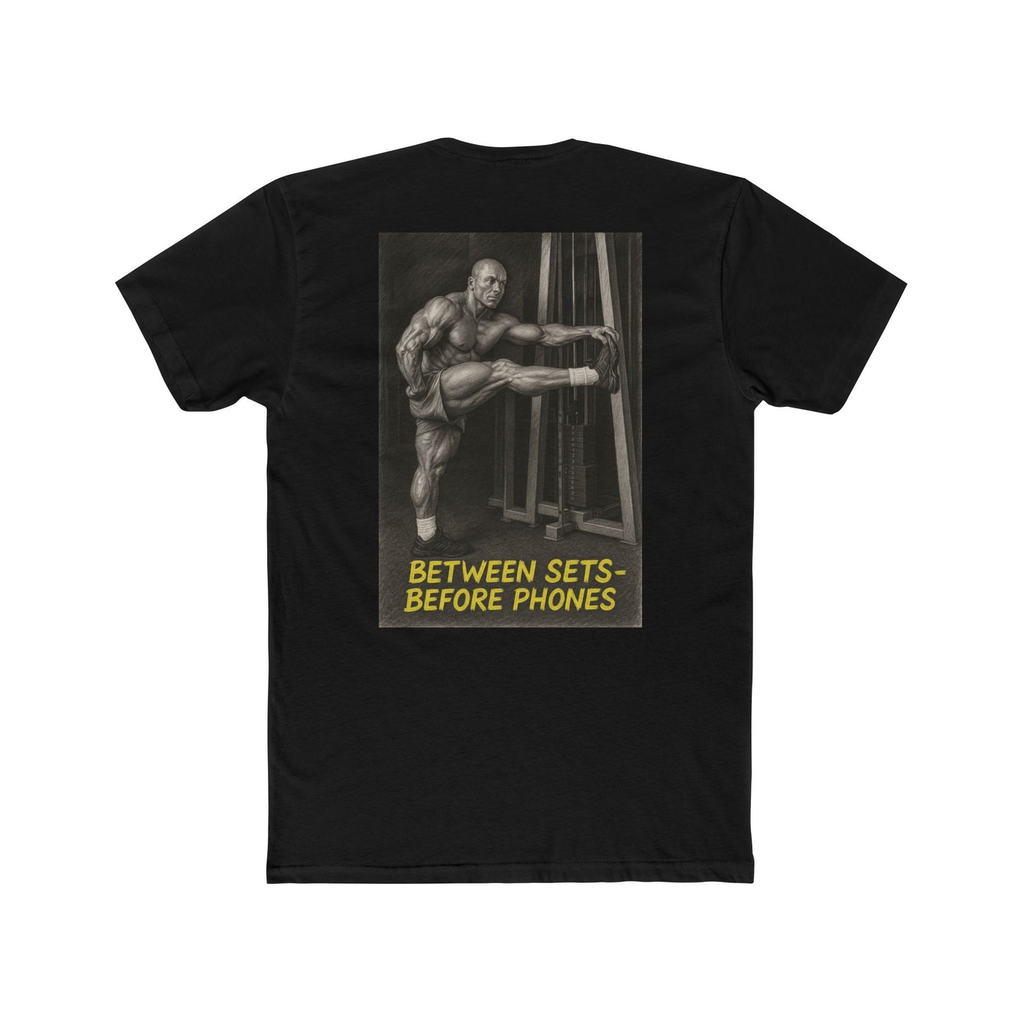 Black t-shirt with graphic of a muscular man and text on a white background
