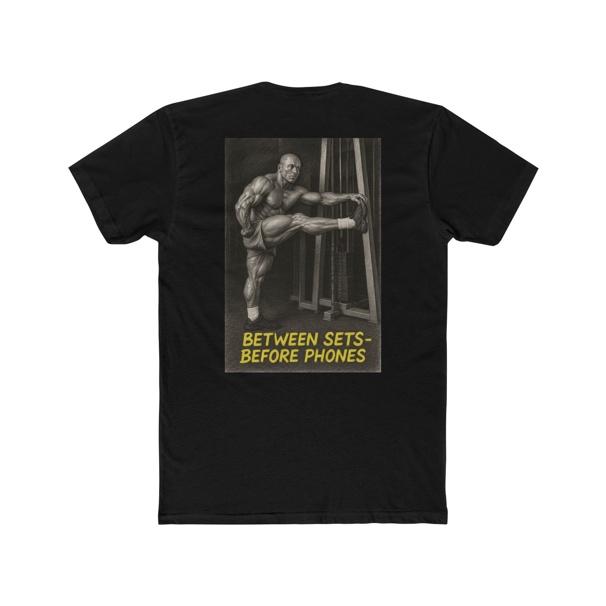Black t-shirt with graphic of a muscular man and text on a white background