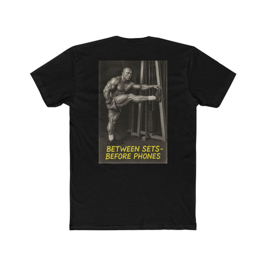 Black t-shirt with graphic of a muscular man and text on a white background