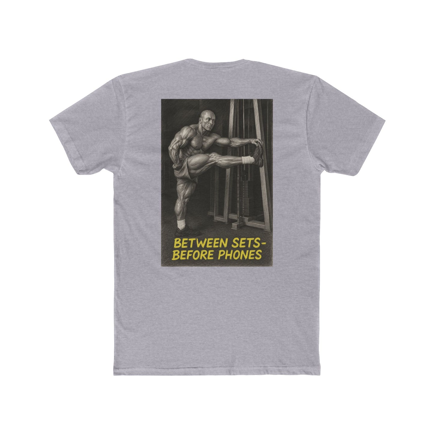 Gray t-shirt with a graphic of a muscular man and text on the back, on a white background