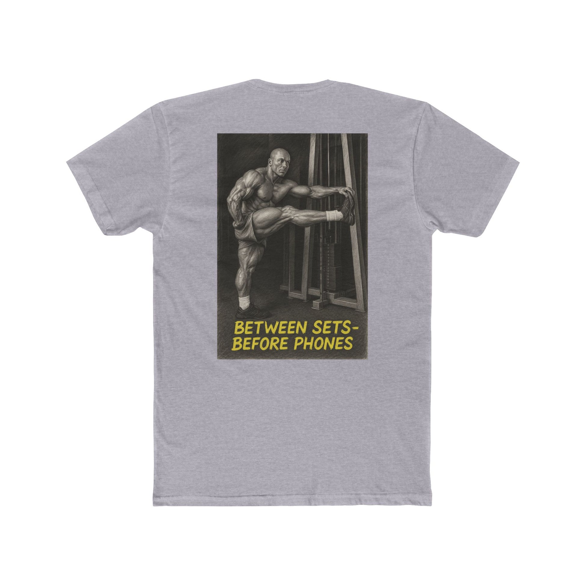 Gray t-shirt with a graphic of a muscular man and text on the back, on a white background