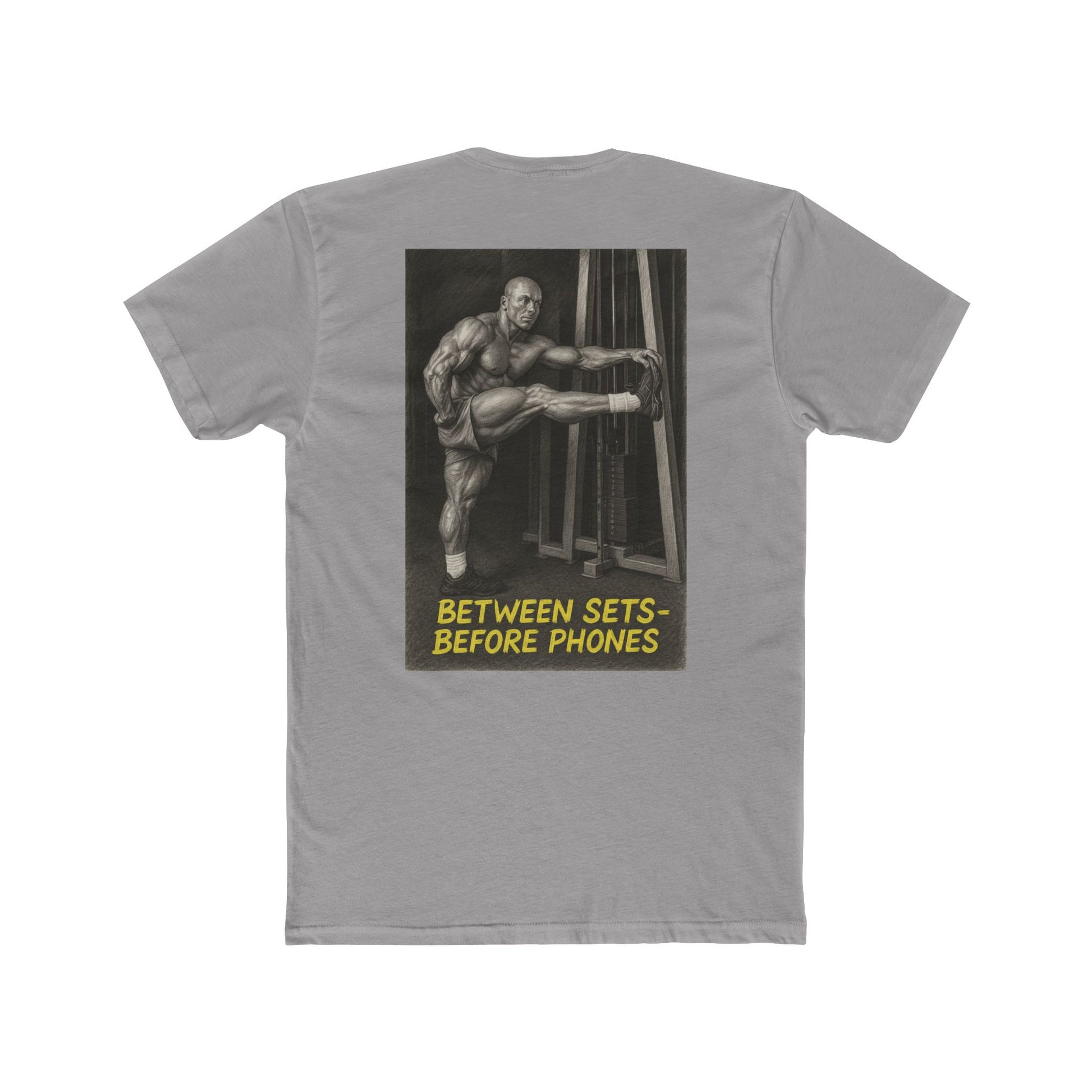 Gray t-shirt with a graphic of a muscular man and text on the back, on a white background