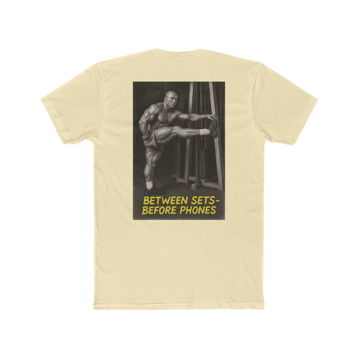 Beige t-shirt with a graphic of a muscular man and text on the back, on a white background