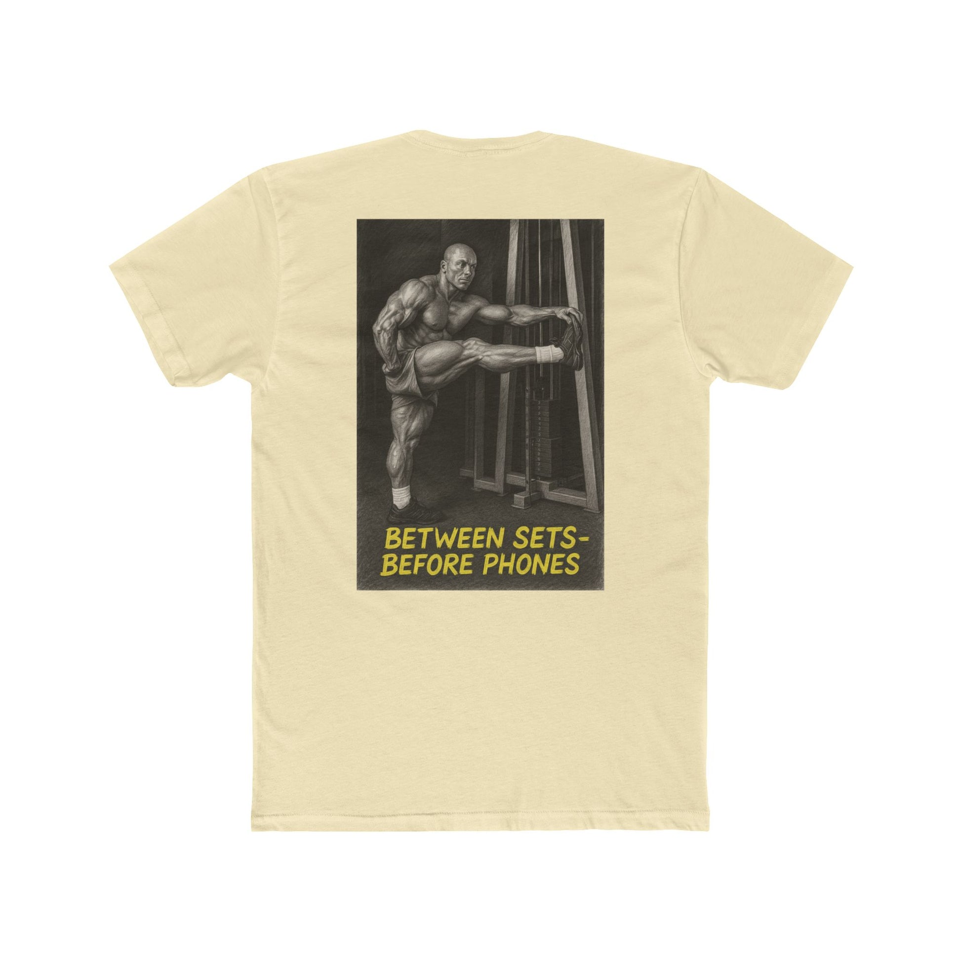 Beige t-shirt with a graphic of a muscular man and text on the back, on a white background