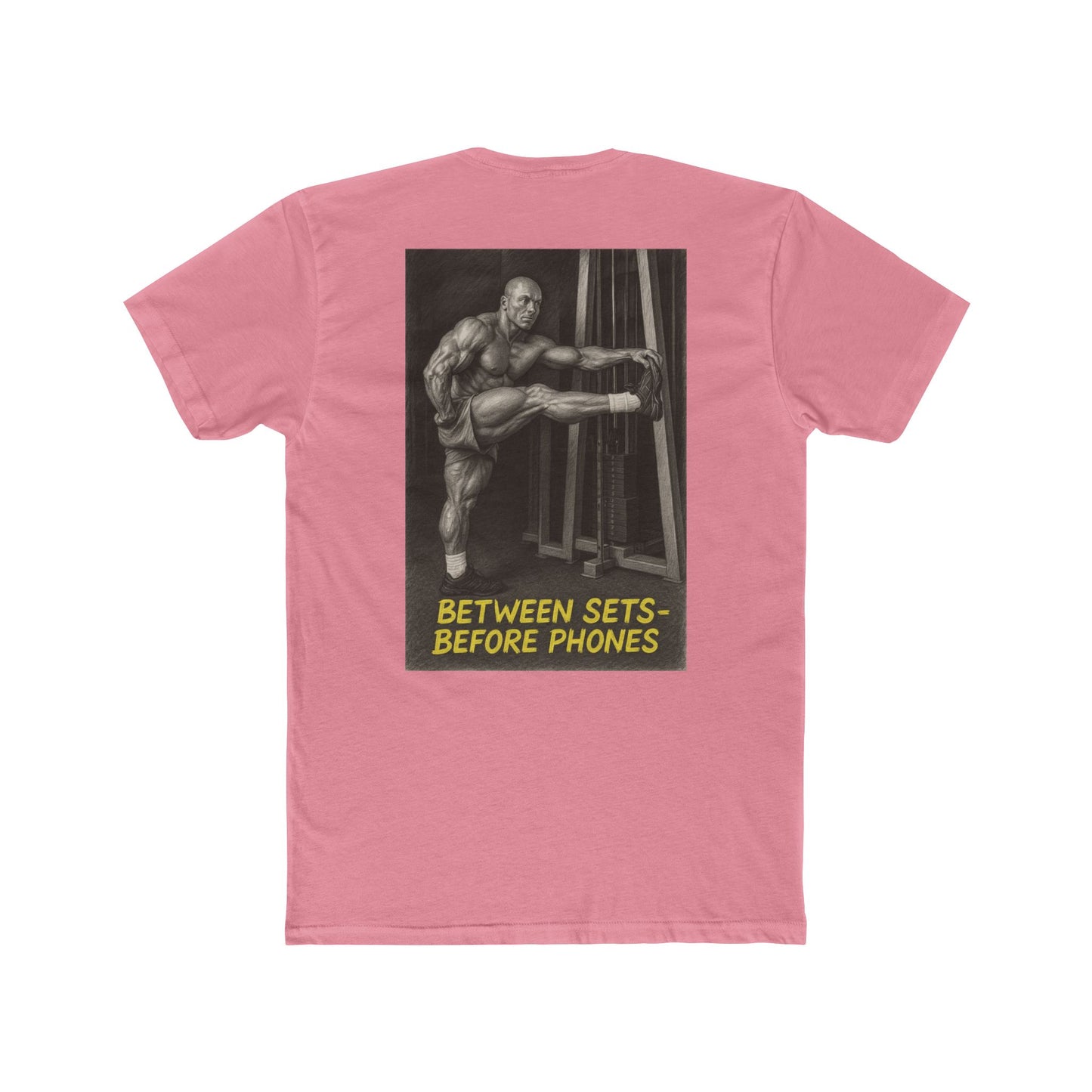 Pink t-shirt with a graphic of a muscular man and text on the back, on a white background