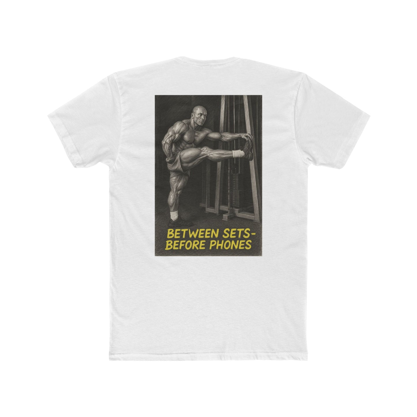 White t-shirt with a graphic of a muscular man and text on the back, on a white background