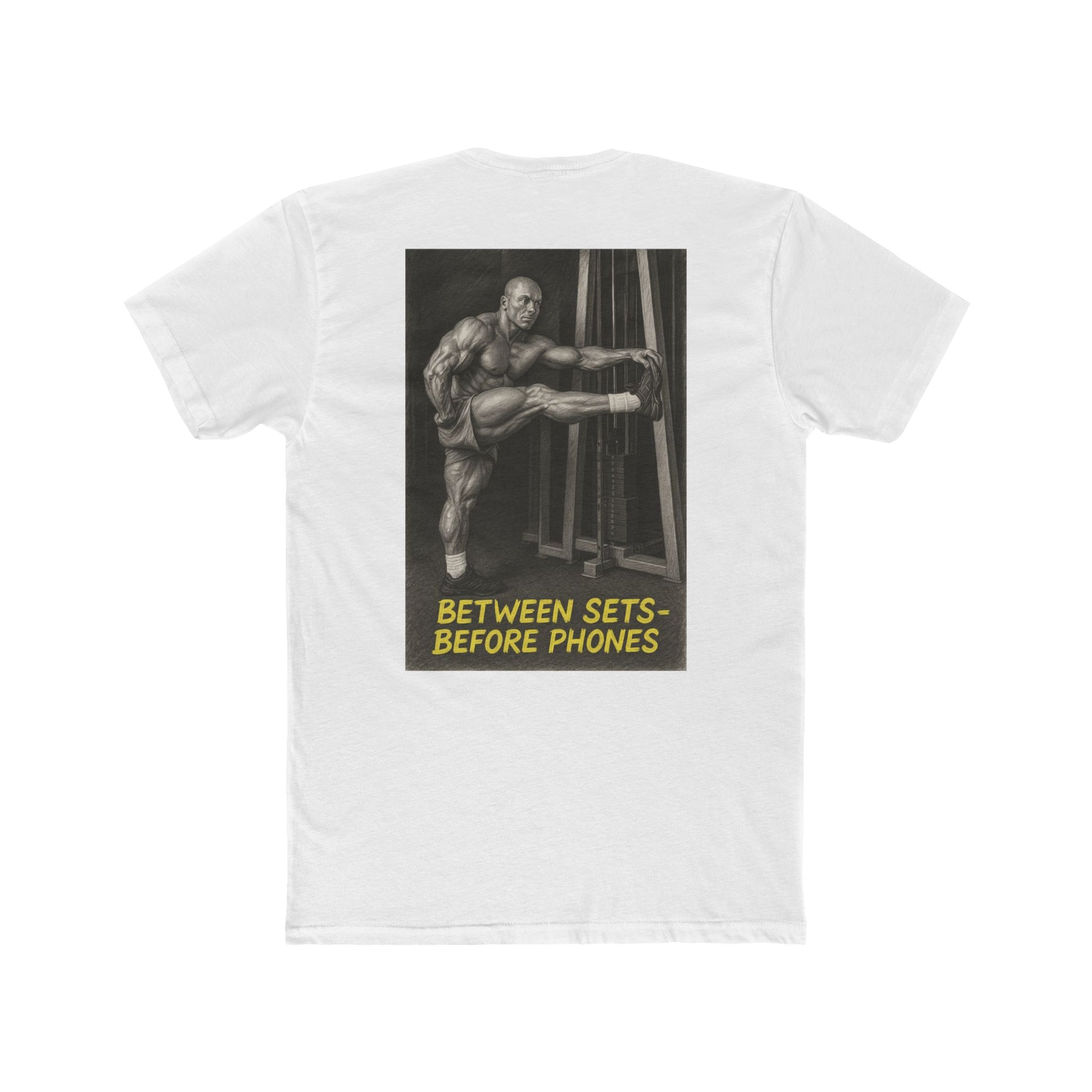 White t-shirt with a graphic of a muscular man and text on the back, on a white background