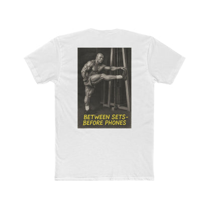 White t-shirt with a graphic of a muscular man and text on the back, on a white background