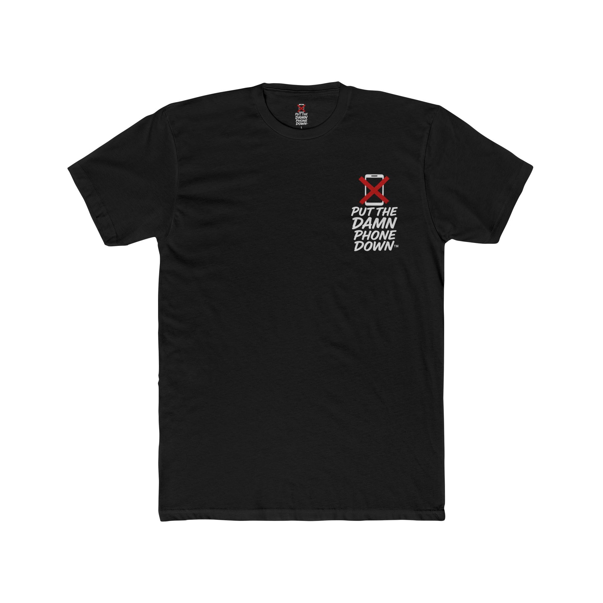 Black t-shirt with a graphic design and text on a white background