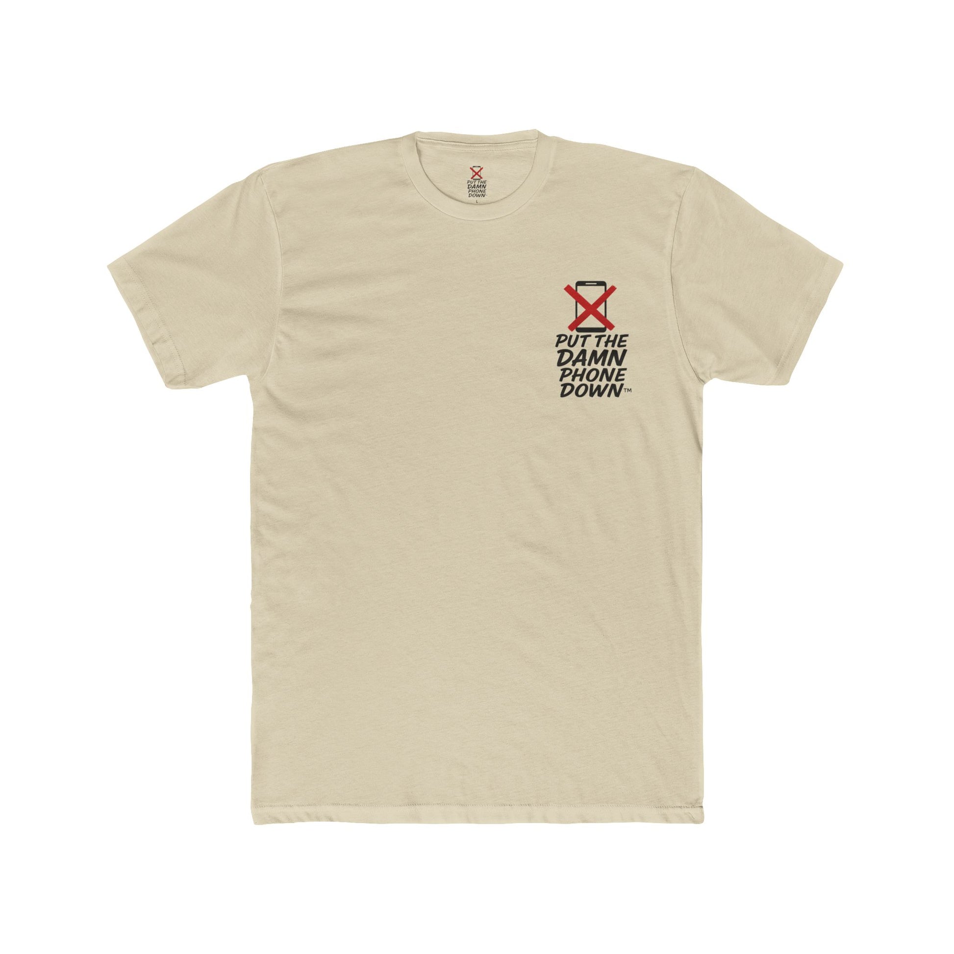 Beige t-shirt with a graphic and text on a white background