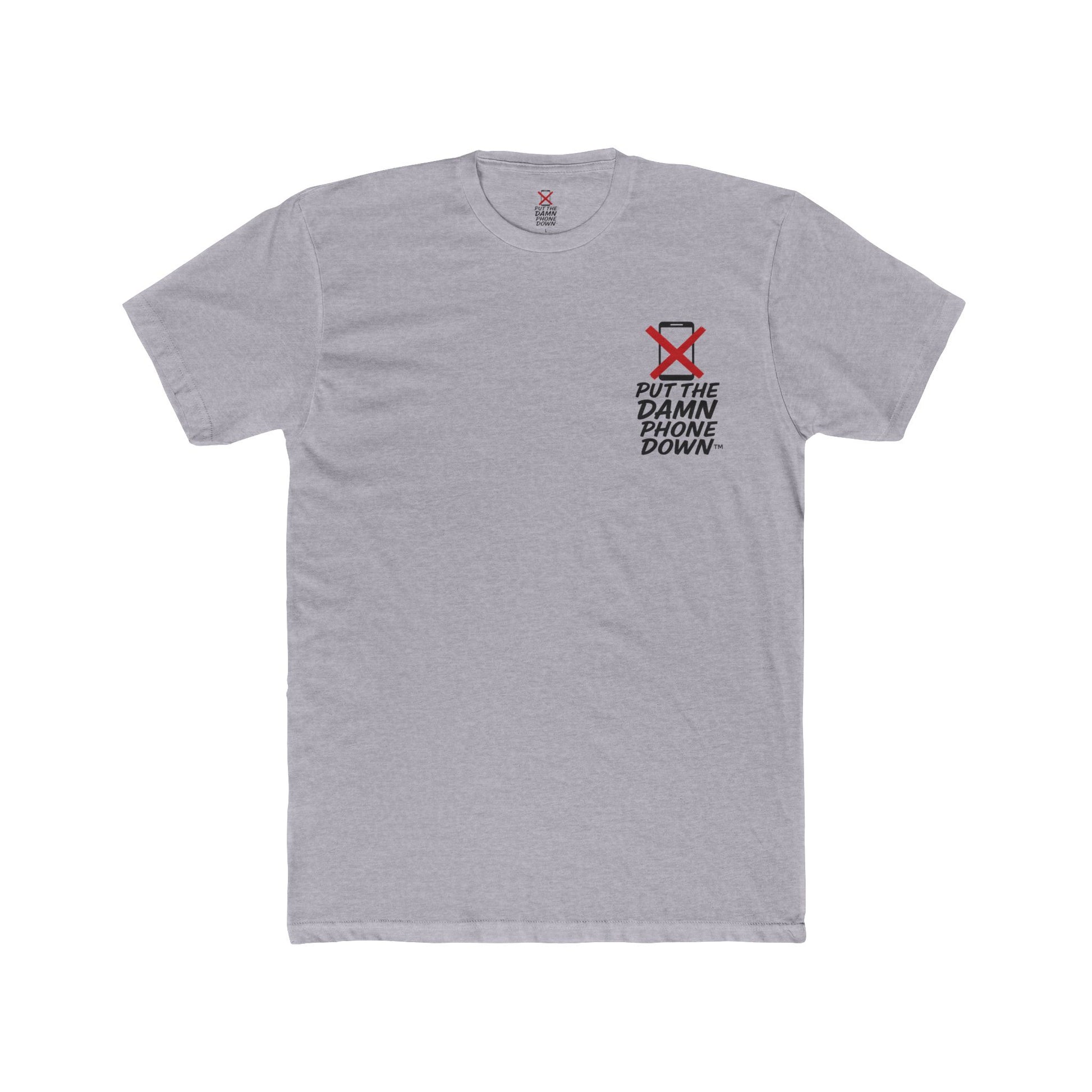 Gray t-shirt with a graphic design and text on a white background