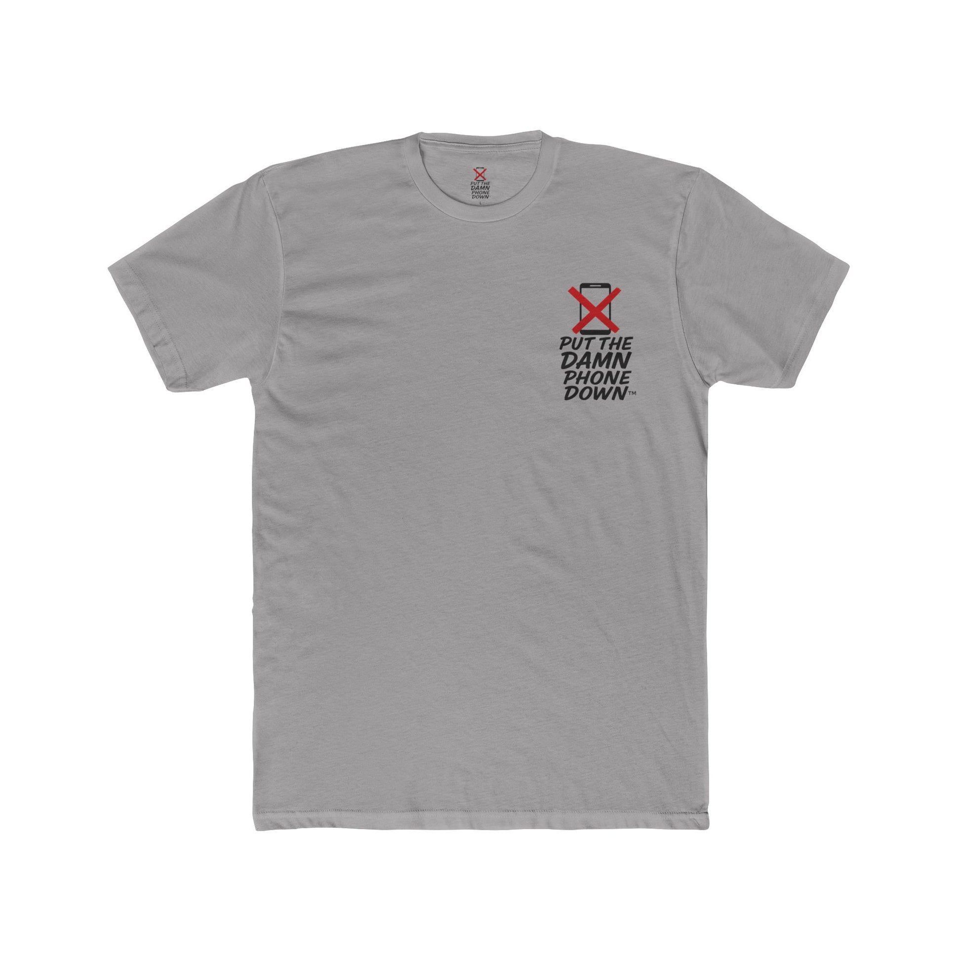 Gray t-shirt with a graphic design and text on a white background