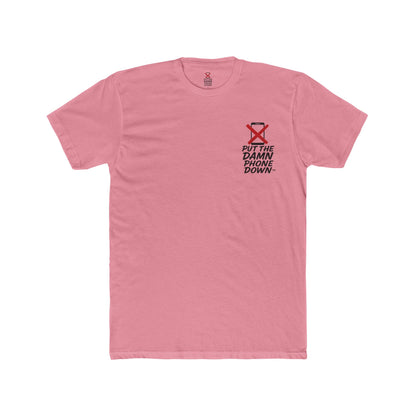 Pink t-shirt with a graphic and text on a white background