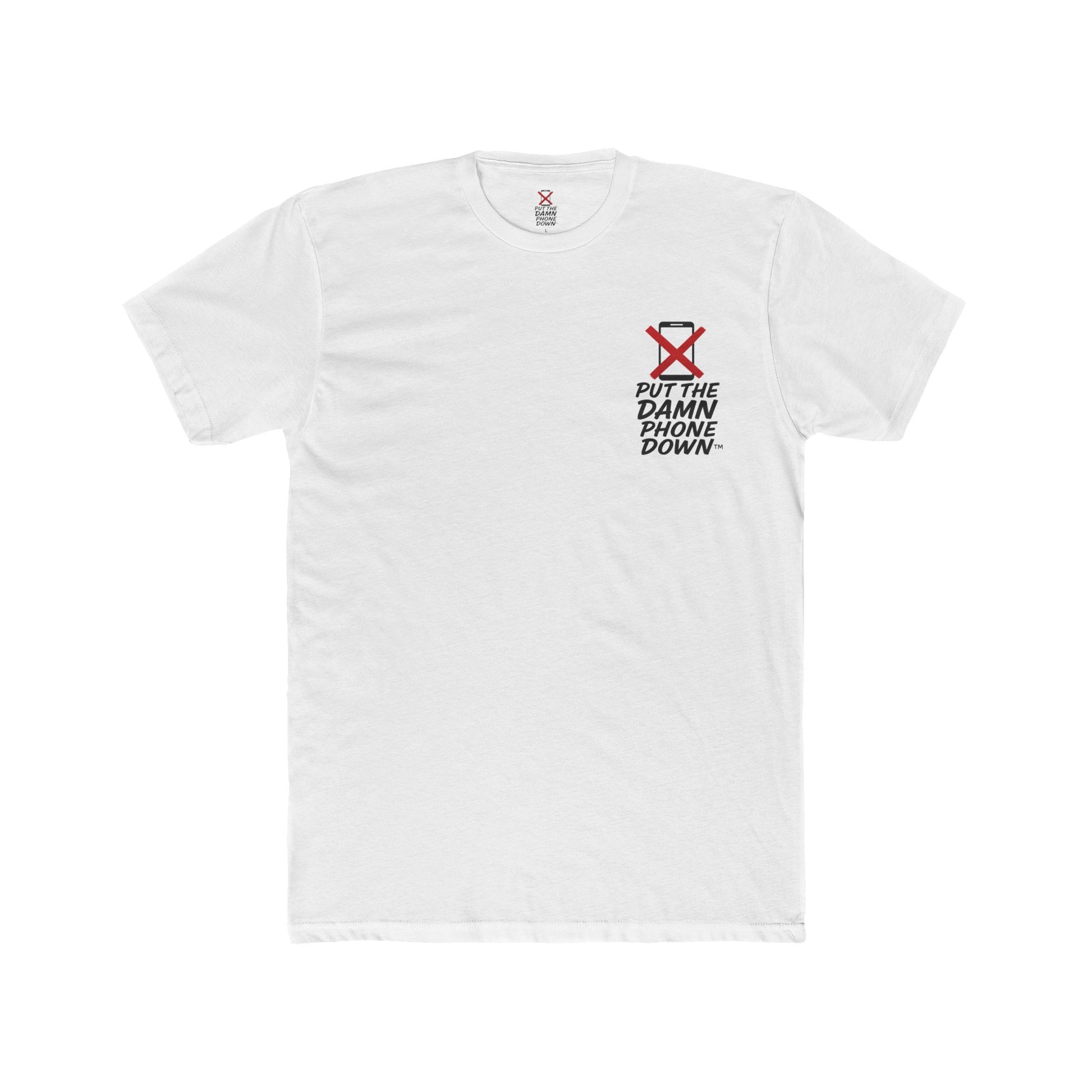 White t-shirt with a graphic design on a white background