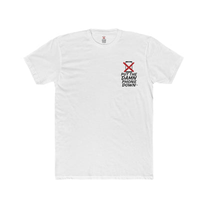 White t-shirt with a graphic design on a white background